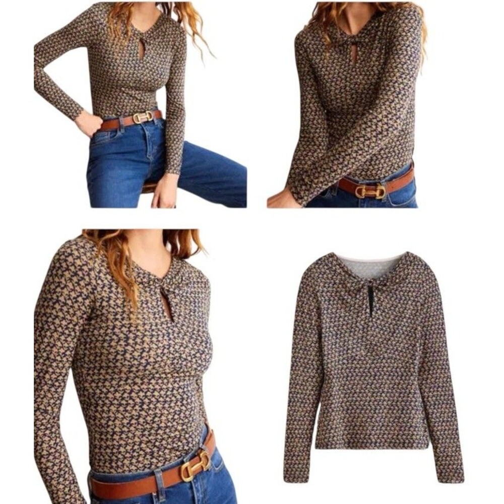 BODEN Front Knot Jersey Top Stretch Long Sleeve Fitted Navy Tan Floral Size 6/Sm